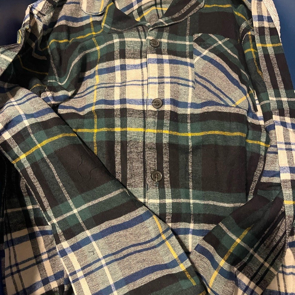 Old Navy Men's Plaid Button Down Shirt - Black, Green, Blue Set (Top & Pants)